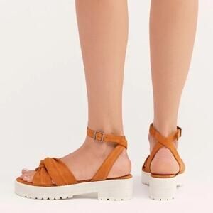 Free People Essex Cognac Brown Suede Wrap Ankle Strap Buckle Platform Sandals